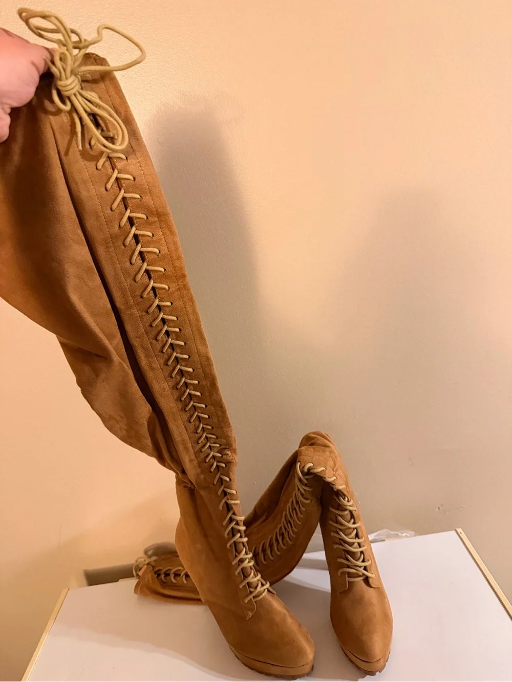 Suede Lace-Up Over-the-Knee Boots - Tan